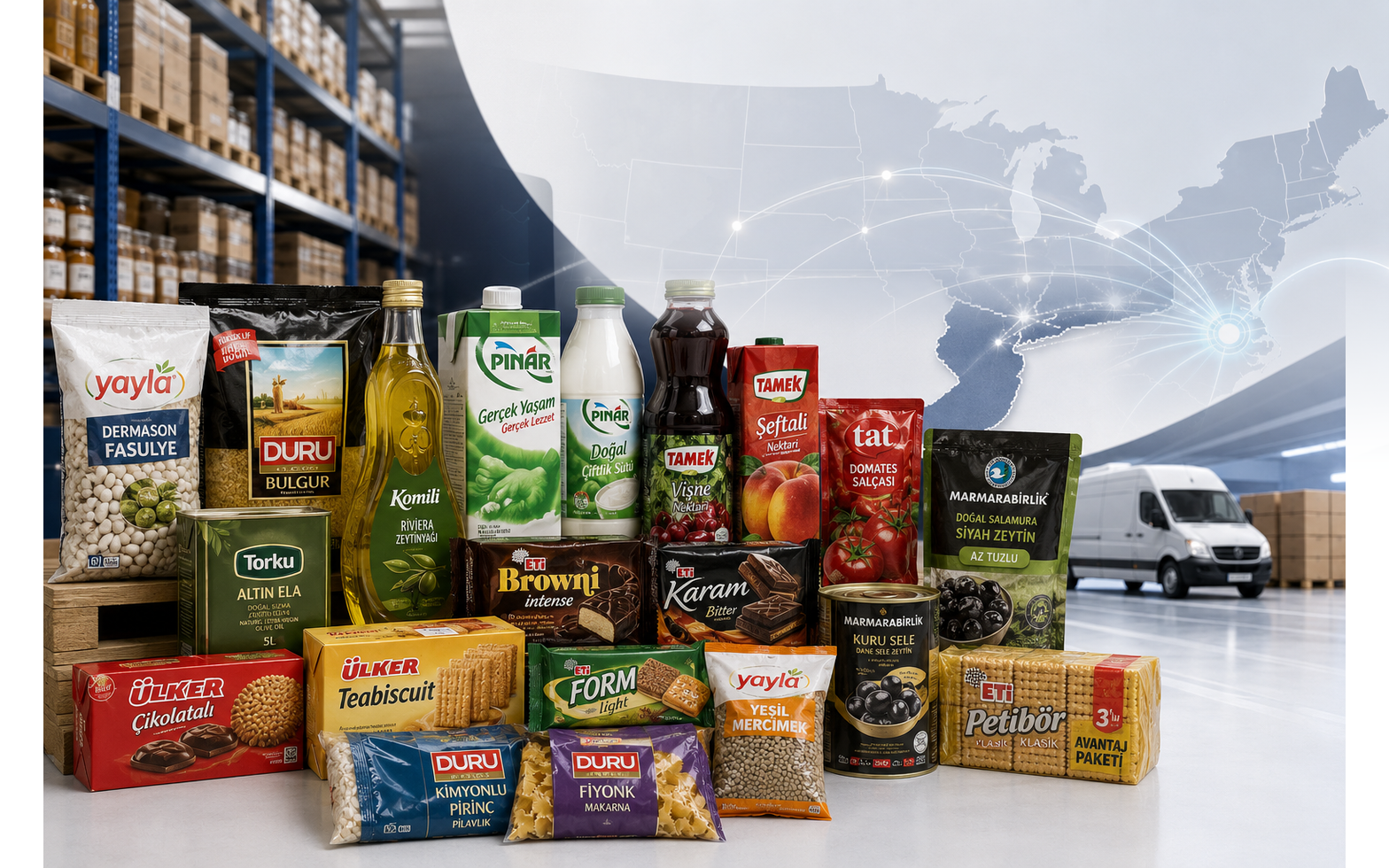 Premium food distribution visual with warehouse shelving, product packaging, route map, and delivery van
